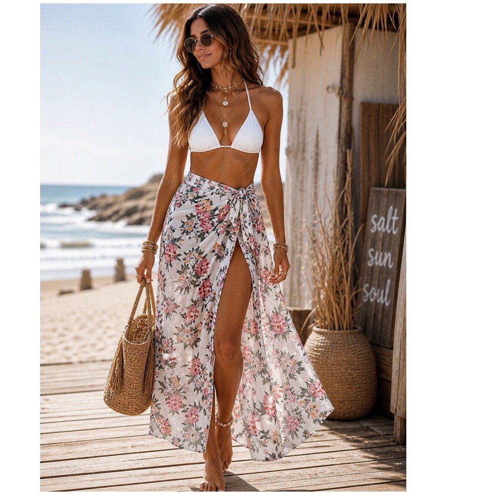 Floral Maxi Skirt White Pink Green Double Slit Beach CoverUp Vacation Skirt boho